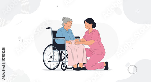 Nurse caring for elderly woman in wheelchair, providing comfort and support