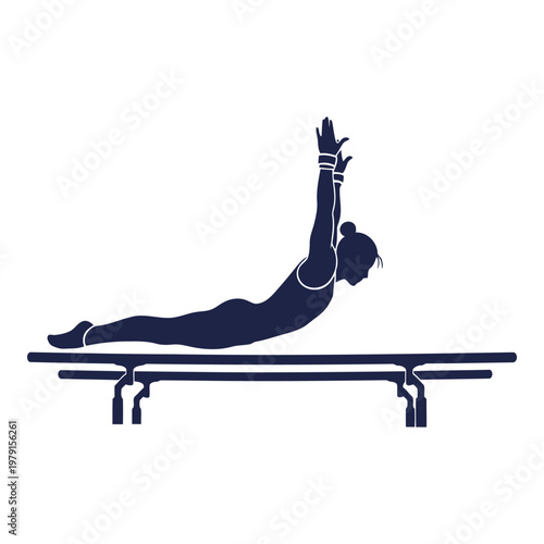 Athletic female gymnast performing a dynamic strength move on parallel bars in a gymnastic competition or training session vector on white background