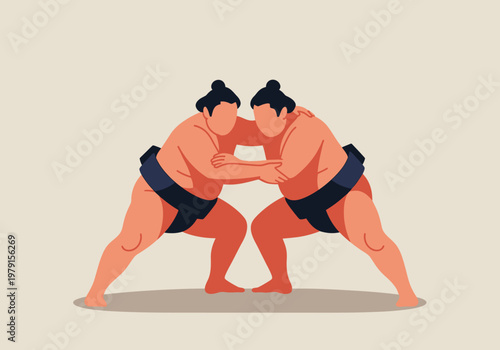 Two Japanese Sumo Wrestlers Grappling in Professional Match, Minimalist Flat Vector Illustration of Traditional Martial Arts and Cultural Strength Competition