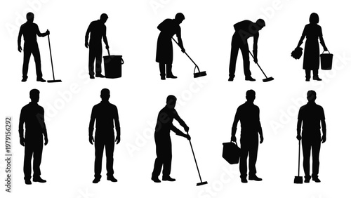 A collection of black silhouettes depicts various cleaning personnel engaged in janitorial tasks including sweeping and carrying buckets high quality professional