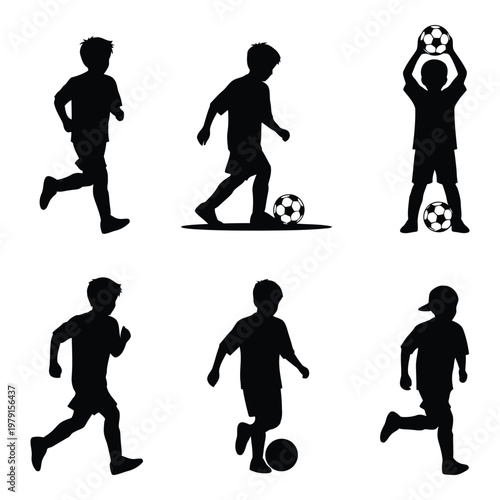 Diverse collection of six silhouette illustrations depicting young boys engaged in various football activities showing running kicking and holding a soccer ball vector on white background