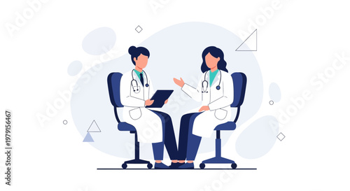 Two doctors in white coats discussing medical information on a tablet in a modern office