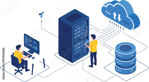 Isometric cloud server infrastructure with data storage database management system and network connection technology illustration.eps