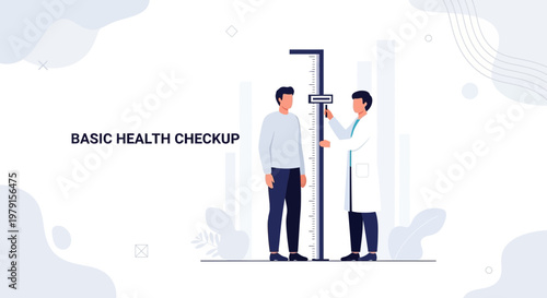 Doctor measuring patient's height during basic health checkup, medical examination concept
