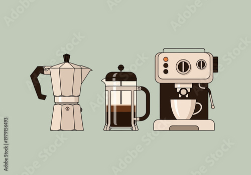 Set of Coffee Maker Illustrations: Moka Pot, French Press, and Espresso Machine in Minimalist Flat Line Art Style for Cafe Branding and Kitchen Decor