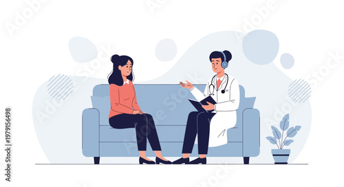 Psychologist talking to patient on sofa, mental health consultation, therapy session