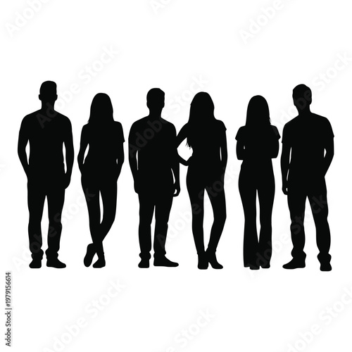 Five Silhouette People Standing Together in Casual Attire for Group Composition Design vector on white background