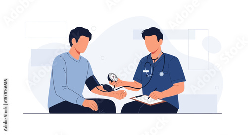Doctor checking patient's blood pressure with stethoscope and sphygmomanometer in clinic
