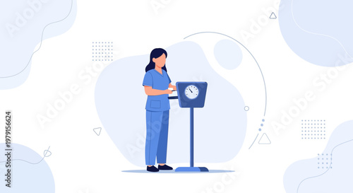 Nurse weighing patient on medical scale, healthcare concept illustration