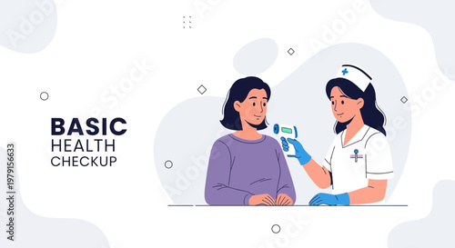 Nurse checking patient's temperature with infrared thermometer, basic health checkup concept