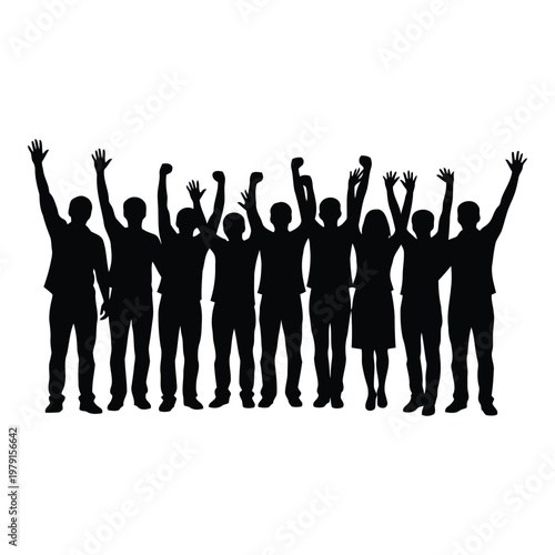 Group of people raising hands together in celebration or victory pose vector on white background