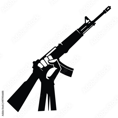 Person holding modern rifle with two hands silhouette graphic design vector illustration vector on white background