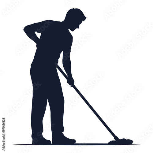 Silhouette of a man wearing a tshirt and pants mopping the floor with a mop stick for household cleaning purposes vector on white background