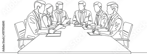 Minimal line art illustration of business team meeting around conference table discussing strategy in corporate office.eps