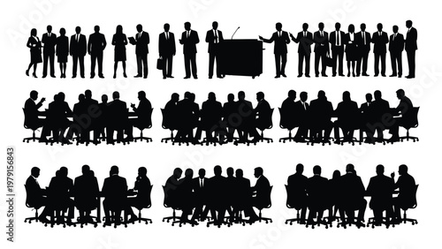 A collection of silhouettes depicting business professionals in various meeting and conference scenarios showcasing teamwork and collaboration high quality professional detailed