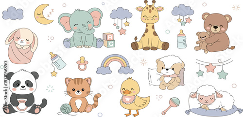 Set of Cute Baby Animals and Nursery Elements Featuring Elephant, Giraffe, Bear, Panda, and Sleeping Cartoon Characters