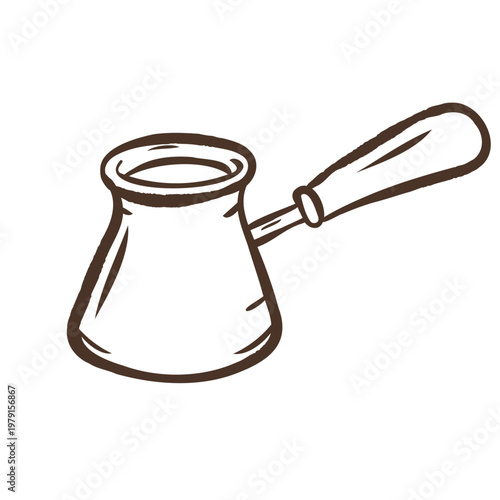 Hand drawn cezve coffee pot in naive doodle style. Minimal outline traditional brewing tool illustration for cafe design, packaging and branding.