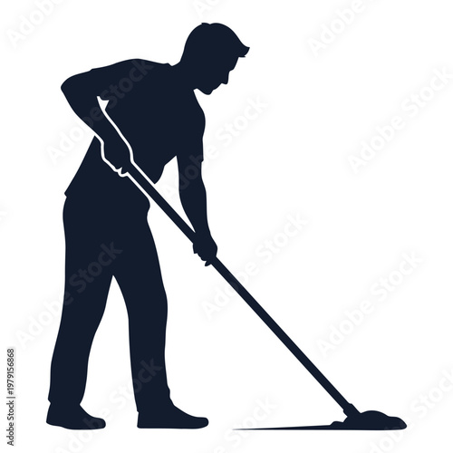 Silhouette of a man wearing casual clothes vigorously mopping the floor to clean it with a longhandled mop during a domestic chore vector on white background