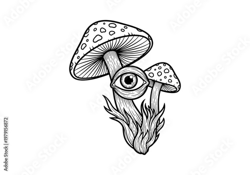 Surreal Mushroom with Eye Line Art Illustration - Trippy Psychedelic Tattoo Design