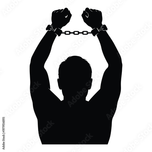 Silhouette of a person with their arms raised above their head and connected by handcuffs symbolizing restriction and lack of freedom vector on white background