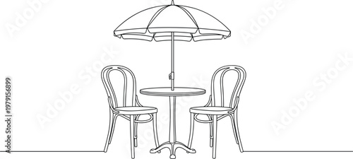 Outdoor cafe table with umbrella and chairs representing street dining relaxation leisure time and minimalist hospitality setting line art illustration.eps
