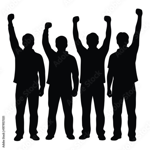 Silhouette of four men with their arms raised in solidarity or protest against a white background in a powerful display of unity vector on white background