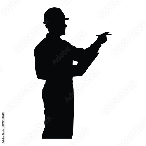 Silhouette of construction worker holding digital device and pointing with stylus vector on white background