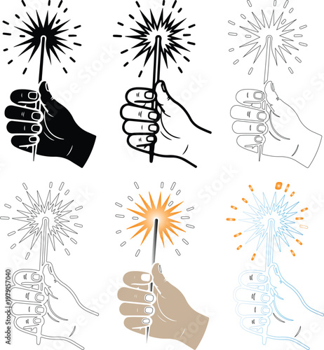 A vector graphic illustration showing a hand holding a festive sparkler design