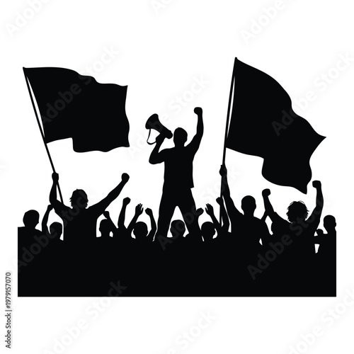 Silhouetted crowd of people protesting with raised fists holding flags and a megaphone creating a strong visual representation of demonstration and activism vector on white background