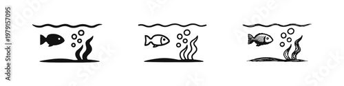 Underwater Scene Icon Set with Fish, Seaweed, and Bubbles