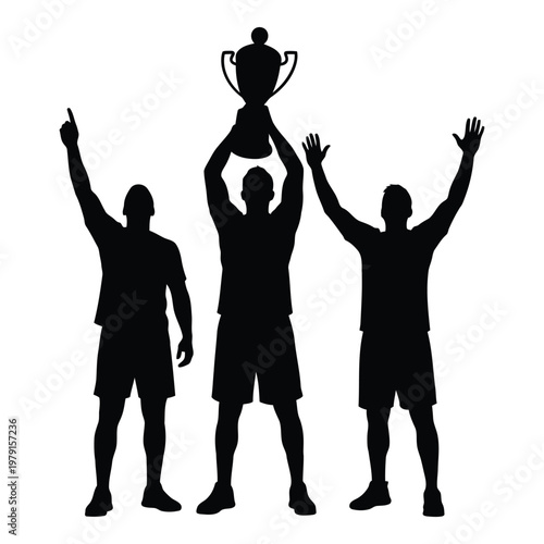 Three victorious athletes celebrating with trophy and raised arms in sports achievement moment vector on white background