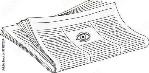 Detailed line art drawing of a folded newspaper featuring a single eye illustration printed prominently on the front page paper