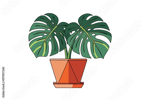 Monstera Deliciosa Houseplant in Geometric Terracotta Pot Illustration - Flat Design Swiss Cheese Plant Vector on White Background for Home Decor and Botanical Graphics
