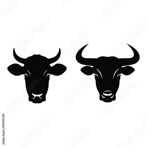 Two distinct black silhouettes of cow and bull heads facing forward with detailed horns and facial features