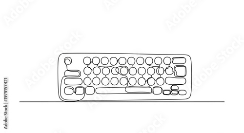 Retro Keyboard Line Art Drawing, Vintage Computer Keyboard Sketch