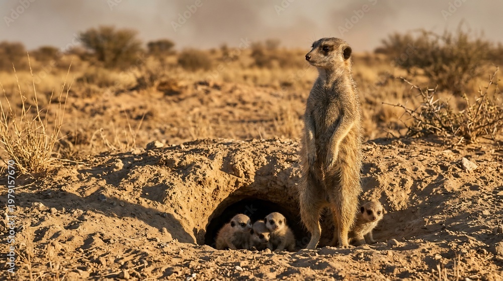 Fototapeta premium Meerkat Sentry Standing Guard Over Its Burrow with Pups in the Arid Desert Landscape.