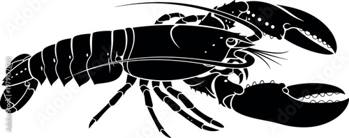 Detailed black and white lobster silhouette vector illustration isolated on white background for seafood restaurant menu design and ocean theme.