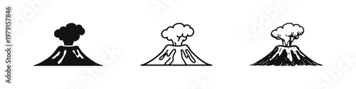 Erupting Volcano Icons Set in Different Styles. Active Volcano Symbol Collection. Minimalist Natural Disaster Vector Art