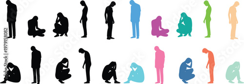 Set of human silhouette figures in various sitting crouching and thinking poses with solid fill shapes, minimal flat vector collection