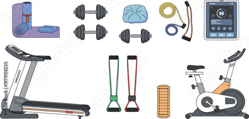 Set of Home Fitness Equipment Vector Illustrations Featuring Treadmill, Dumbbells, Resistance Bands, and Smart Workout Devices