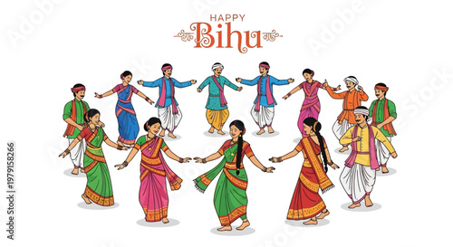A festive Rongali Bihu illustration shows Assamese dancers in traditional dress forming a circle against a white background, celebrating the Assam harvest festival with bright, cheerful