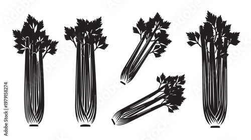 Celery stalks in a graphic silhouette with a textured brush stroke effect on a white background