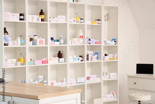 View of shelves with medica...