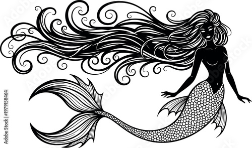 Elegant Mermaid Silhouette with Long Flowing Swirly Hair and Detailed Scales Isolated Vector Illustration for Nautical Tattoos and Mythological Designs