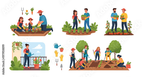 Diverse people gardening together in community and urban settings, growing food and plants.