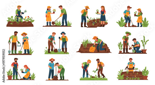 Diverse people gardening, planting, and working together in a vibrant garden setting.