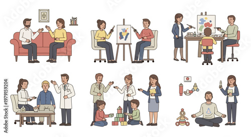 Diverse people in therapy, art, and doctor consultations, mental health and well-being