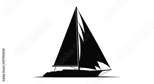 A striking black sailboat with sharply angled sails a bold silhouette
