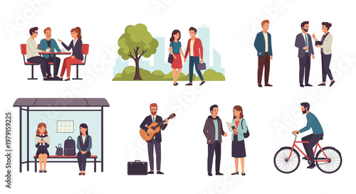 Diverse People in Urban Scenes: Couples, Commuters, Musicians, Cyclists