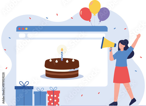 Cartoon birthday celebration in colorful vector illustration of party and gifts